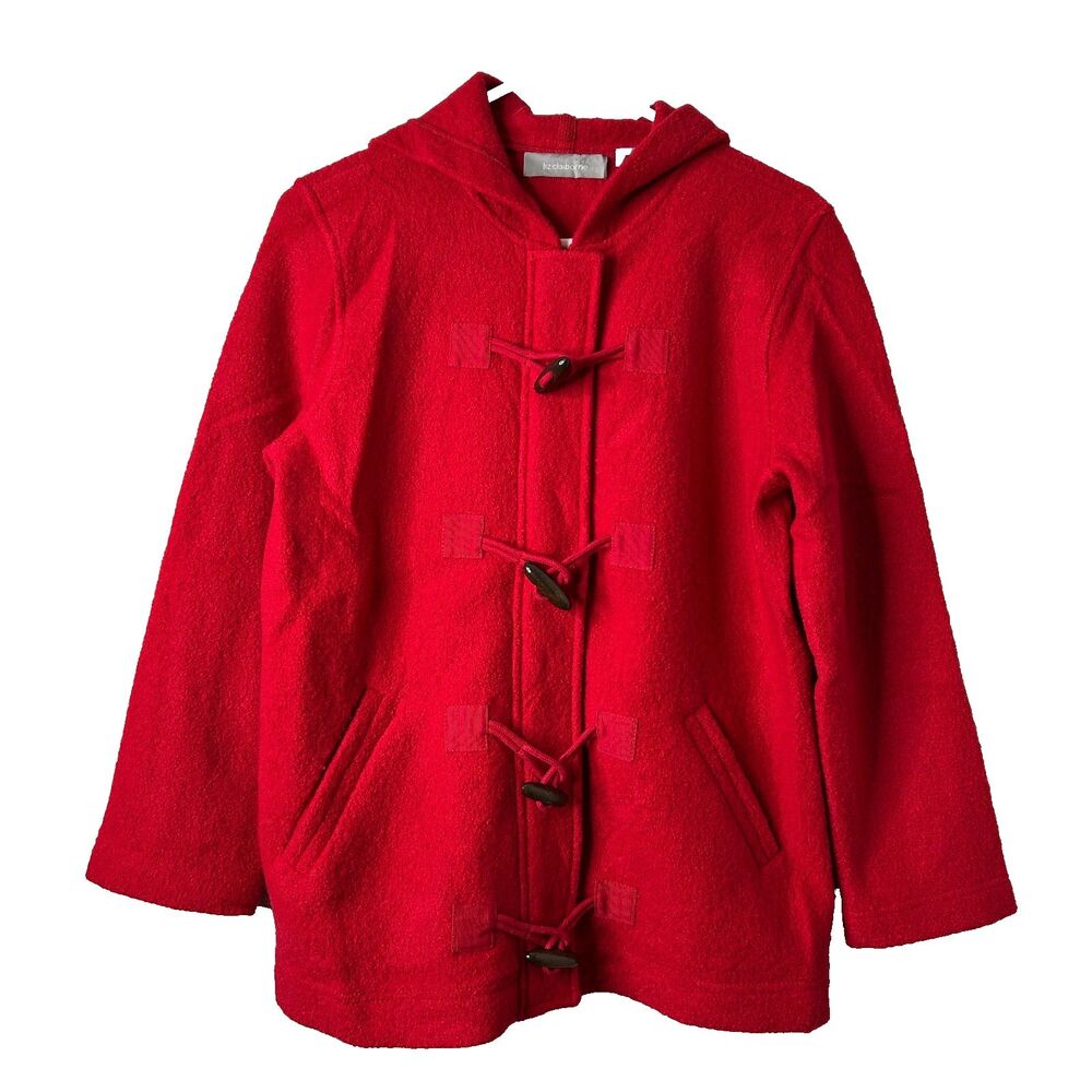 Liz Claiborne Wool Hooded Coat Jacket Red Toggle Zip Womens Medium